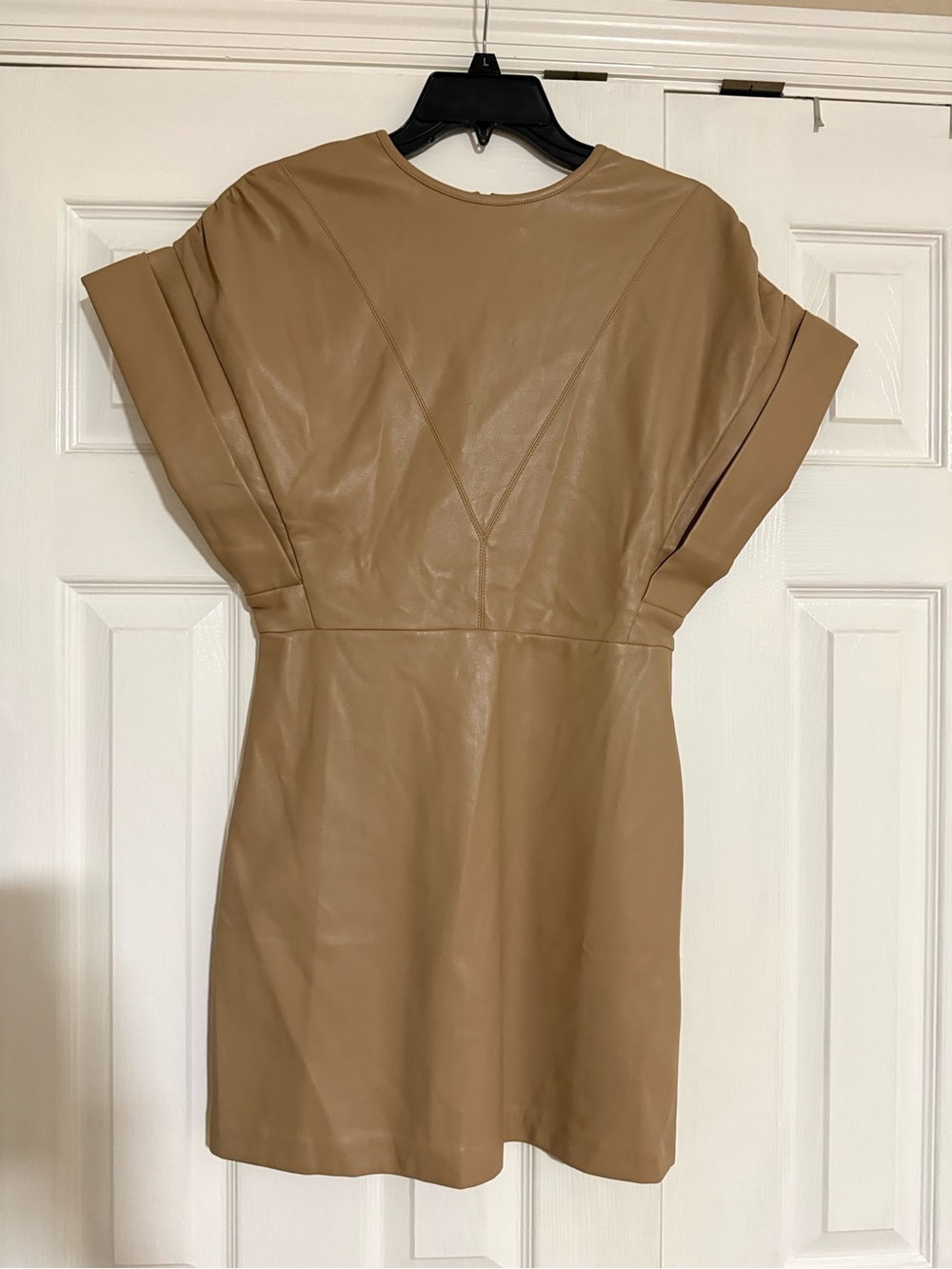 Tan JS71 Corine Faux Leather Mini Dress with Rolled Short Sleeves